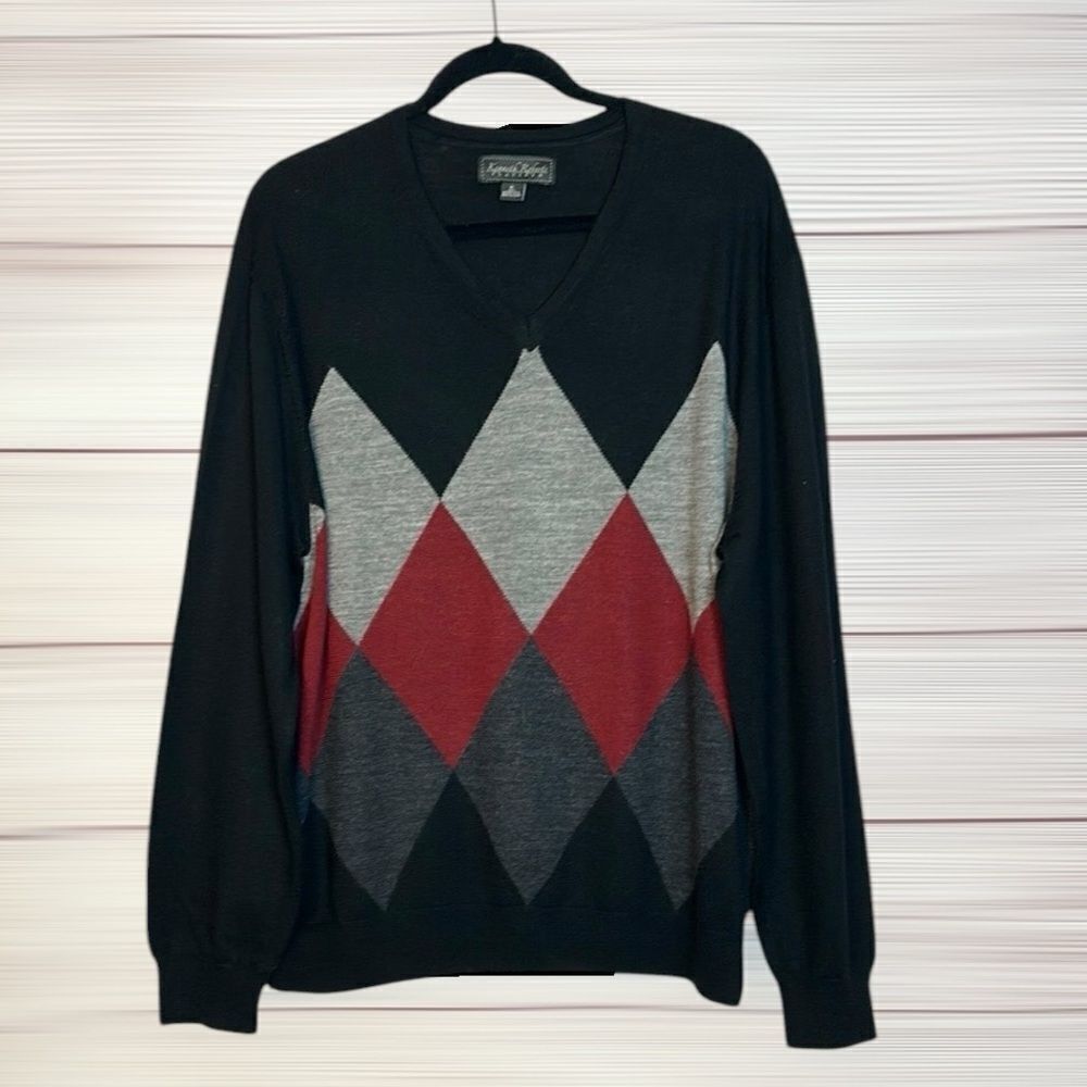 Kenneth Roberts Platinum Merino Wool Sweater Black Argyle V-neck Men’s size XL
